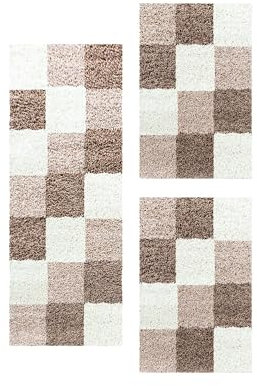 Carpetsale24 Bettumrandung Schlafzimmer 3 teilig Shaggy Hochflor Teppich Mokka Bettvorleger Schlafzimmer Bettset: 2 St. 60x110 cm | 1 St. 80x150 cm - Teppich Läufer Set Kariert Design