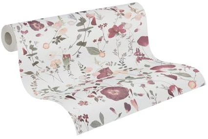 A.S. Création Blätter-Vliestapete – Grün, Rot, Weiß – 0,53 x 10,05 m | Florales Blätter-Motiv als natürlicher Blickfang – matte Motivtapete, einfach zu verkleben & spurlos abziehbar