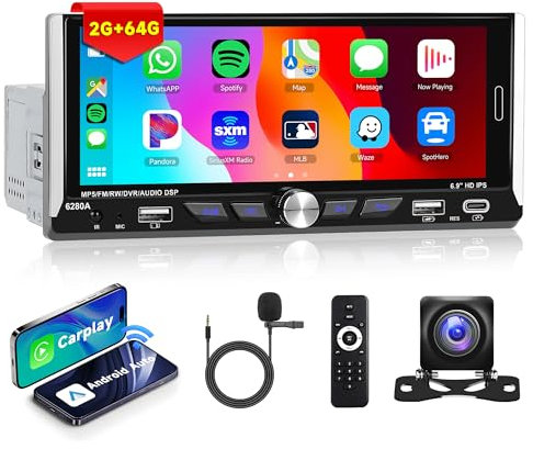 2G+64G Inalámbrico Carplay Android 13 Radio de Coche 1 DIN con Android Auto GPS Navi WiFi 6,9 Pulgadas Radio Coche con Mirror Link Bluetooth FM/RDS/Dab+/OBD/DVR Controles del Volante Cámara Trasera
