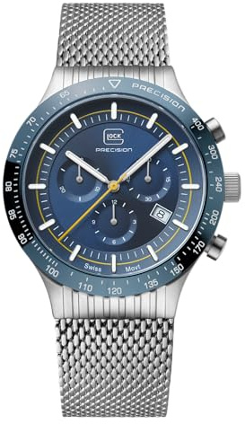 GLOCK Herren Quarz Uhr | 43mm Gehäuse | Armbanduhr mit Silbernem Edelstahlgehäuse | Blauem Zifferblatt | Silbernem Mesharmband | 20ATM | GW-34-3-24