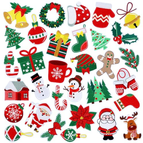 32 Pieces Christmas Iron on Patches Cute Xmas Snowman Gift Box Sew on Embroidered Applique Repair Patch DIY Crafts Festive Gifts for Clothing Hat Shirt Bag Jeans DIY Decorations