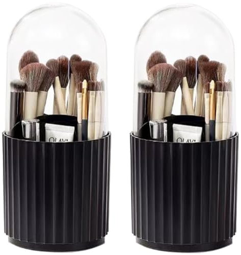 ZESLIV 2 STK Kosmetik Make Up Organizer, 360° Drehbarer Pinselhalter Pinsel Aufbewahrung mit Deckel, Lidschattenpinsel Lippenstift Etui, Kosmetik Organizers für Schlafzimmer, Schwarz