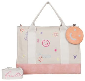 Fritzi Tote Bag Limited Embro Fun Shopper Canvas Damen Handtasche Stickerei Festival City Pocket Webbing-Gurt 29,5 x 40 x 14 cm - Anthrazit, Sand