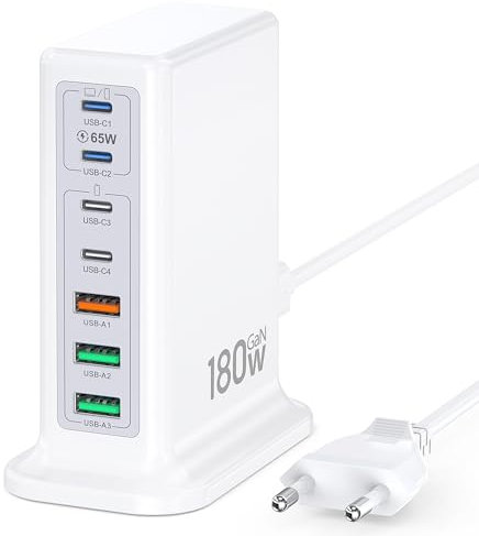 180W USB C Ladegerät, 7-Port Desktop Standing Ladestation, Schnellladegerät mit USB C und USB A Ports, USB C Ladestecker für MacBook Pro Air, iPhone 16 Pro MAX 15 14 13 12, Samsung Galaxy S24 S23 usw
