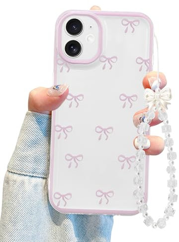 Jusy Kompatibel mit iPhone 11 Hülle, Süße Bogen Muster Abdeckung mit Schöner Handgelenkschlaufe Armbandkette für Mädchen Frauen, Klare Kawaii Kamera Schutz Hübsche Trendige Telefonhülle