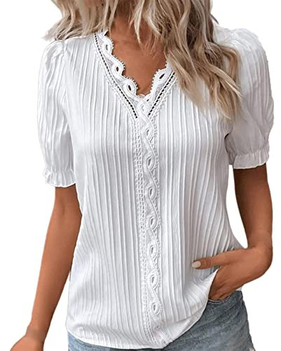 Camicia da donna elegante, a maniche corte, in pizzo, con scollo a V, elegante, taglie forti, camicetta estiva da donna, tinta unita, casual, per ufficio, Bianco 1, XL