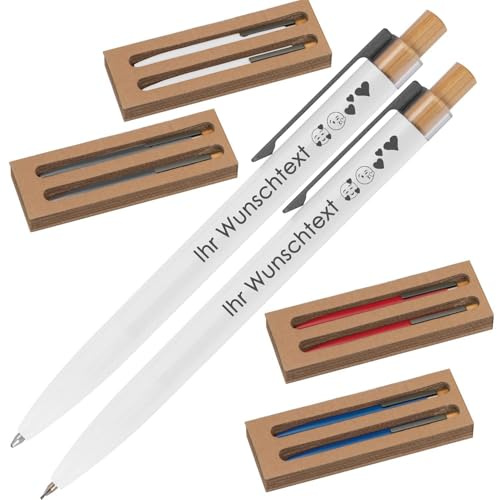 Schreibset mit Wunschgravur | Kugelschreiber und Druckbleistift | Bambusdrücker | recyceltes Aluminium | Blau schreibend | 4 Farben | Schriftarten | Werbekugelschreiber Gravur (Weiß, 1)
