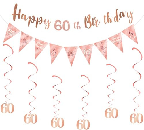 60th Birthday Banner for Women, Rose Gold 60th Birthday Decorations with Hanging Swirls & Triangle Flag for Women 60 Years Old Birth day Decorations Party Decor