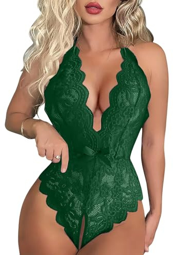Risipu Sexy Lingerie for Women Sets Naughty Lace Crotchless Women's Lingerie Set Womens Lingerie Set Sexy Outfits Women UK Panty Date Night Anniversary Christmas and Valentine's Day (Green, XXL)