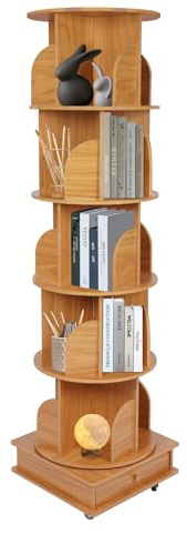 Tagowao 360° Drehbares Bücherregal, 5 Ebenen Standregal Drehregal Büroregalv Rundes Bücherregal für Wohnzimmer Büro Arbeitszimmer