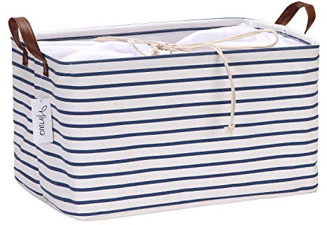 Hinwo 31L Large Capacity Storage Basket Canvas Fabric Storage Bin Collapsible Storage Box with PU Leather Handles and Drawstring Closure, 16.5 by 11.8 inches, Waterproof Inner Layer, Navy Blue Stripe
