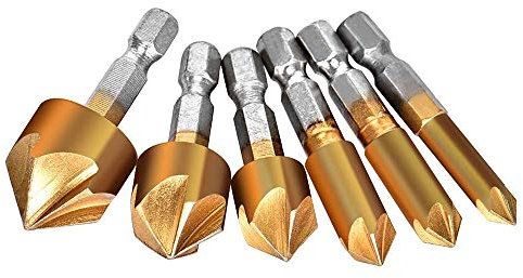 HSS Countersink Drill Bit 6PCS Countersink Drill Bits Set 5 Flute 90 Degree Center Punch Tool Sets for Wood Quick Change Bit SIZE 6mm,8mm,12mm,16mm,19mm