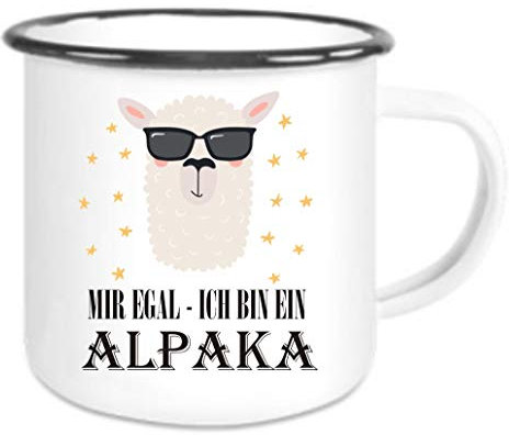 Crealuxe Emaille Tasse Mir egal ich bin ein Alpaka Sonnenbrille - Kaffeetasse mit Motiv, Campingtasse, bedruckte Emailletasse mit Wunschtext