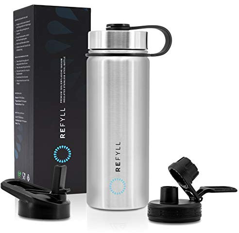 REFYLL Trinkflasche Edelstahl “easyFYLL” 500ml I Premium Thermoflasche für Wandern, Fitness, Fahrrad, Schule und Büro I Wasserflasche Edelstahl + Gratis Sportdeckel & Deckel mit Strohhalm