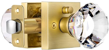 HIEMEY Square Glass Crystal Door Knobs Interior, Bedroom and Bathroom Privacy Satin Brass Gold Door Knobs with Lock, Diamond Shape Keyless