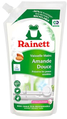 RAINETT - Liquide Vaisselle Mains - Formule Hypoallergénique - Préserve les Peaux Sensibles - Poche 100% Recyclable - Ecolabel - Amande - Éco-Recharge 1 L