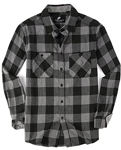 Alex Vando Mens Button Down Shirts Flannel Shirt Long Sleeve, Grey/Black, XL