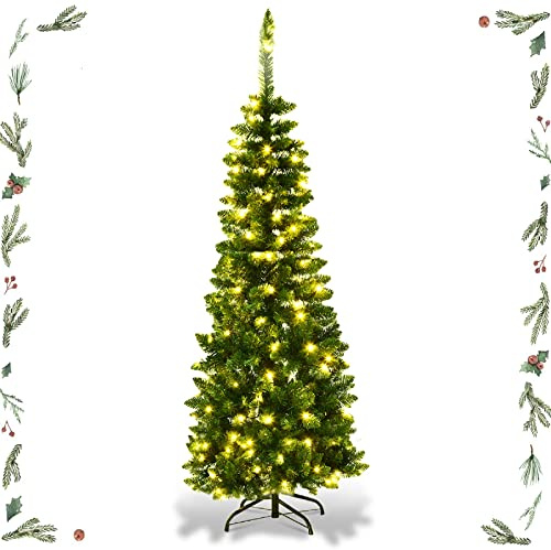 GYMAX Albero di Natale Slim 140 cm, 150 Luci Incorporate, Luce Calda Bianca, 226 Rami Folti in PVC, Design Automatico e Divisibile per Montaggio e Trasporto, Supporto Pieghevole in Ferro, Verde