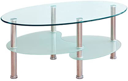 Home Heavenly®- Mesa Centro de Cristal Denise. Mesa Ovalada de Cristal y Cromado. con revistero. Patas metálicas (Cristal Transparente y Cromado)