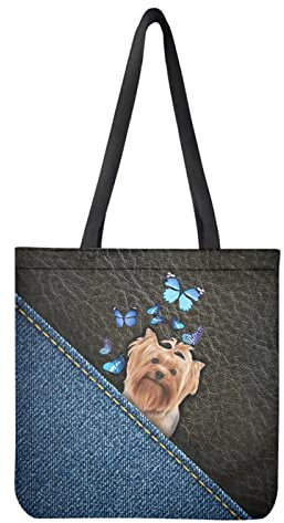 Dolyues Damen-Tragetaschen aus Segeltuch mit Tasche, großes Fassungsvermögen, wiederverwendbare Einkaufstasche, Yorkshire Terrier Schmetterlings-Aufdruck, Large