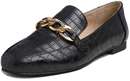 Feversole Women's Fashion Trim Deco Loafer Flats Black Croc Chain Size UK 4