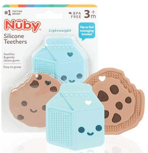 Nuby All Silicone Chocolate Chip Cookie & Milk Carton Teether – 2 Pack, 3+ Months