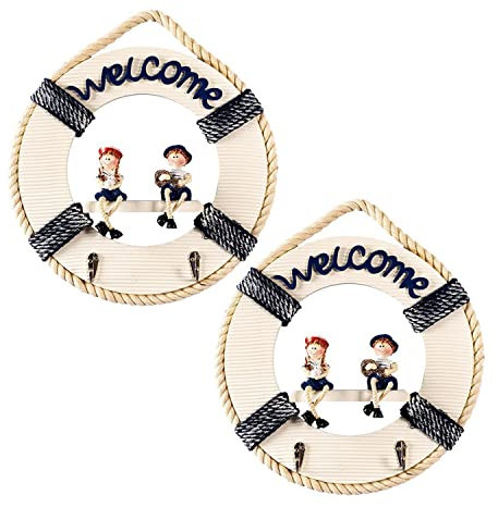 Wall Mounted Coat and Hat Rack Welcome Wooden Lifebuoy Decorative Hooks Key Holder Towel Hanger for Entryway Bathroom Bedroom, Set of 2