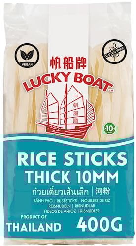 Lucky Boat Rice Noodle 400G | Thick Rice Noodle 10mm | Pad Thai | Gluten Free Noodles | Thai Ingredients | Chinese Ingredients | Asian Ingredients | Noodles | Stir Fry