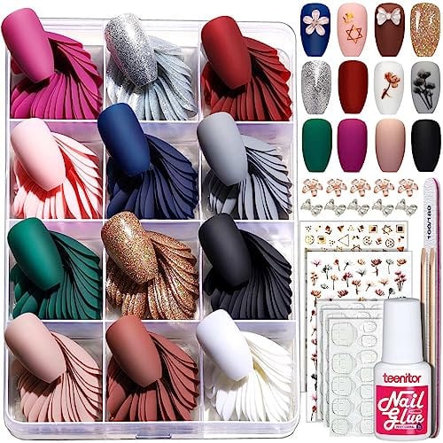 Teenitor 288pcs Press on Nails Set with Nail Adhesive Tabs, Medium Length Matte False Nails