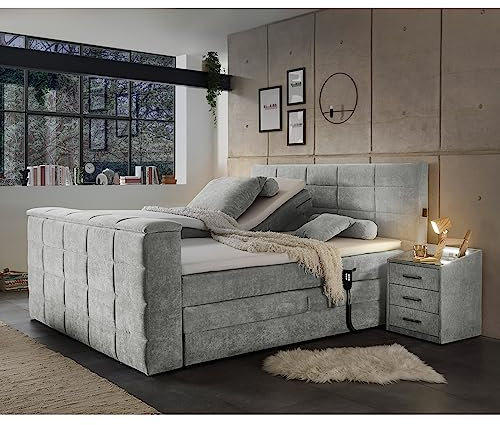 Lomadox Boxspringbett 180x200 cm mit Bettkasten und TV-Halterung | Doppelbett in grau mit Härtegrad H2