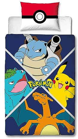 Character World Pokemon Offiziell Lizenziertes Divide Design Einzelbett-Bettbezug-Set | wendbare zweiseitige Pikachu-Figuren Bettwäsche inklusive passendem Kissenbezug | perfekt für Kinderzimmer |