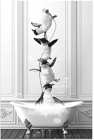 Pinguin-Wandkunst, Pinguin in der Badewanne, lustiges Tier in der Badewanne, Schwarz-Weiß-Drucke, Poster, modernes Badezimmer-Kunstwerk, Wanddekoration für Badezimmer, Schlafzimmer, Wohnzimmer,