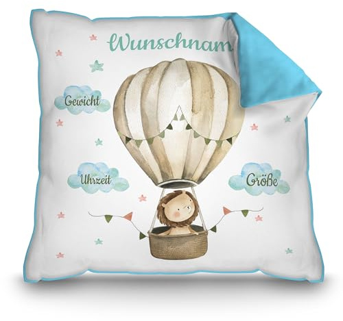 PR Print Royal Kissen mit Spruch zur Geburt | Löwe im Heißluftballon, Rückseite Hellblau, Stoff, 40 x 40 cm
