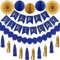 Blue Gold Happy Birthday Banner Mens Decorations Navy Gold Birthday Banners Honeycomb Balls Paper Fan Paper Tassel Garland by RichMoho