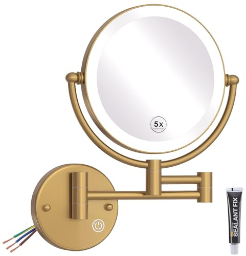 RECKODOR Kosmetikspiegel mit Beleuchtung Wandmontage,1X/5X Messing Schminkspiegel mit Vergrößerung Wand,Dimmbarer Rasierspiegel,Lichtspeicherfunktion,360° Drehbar, Ausziehbar Spiegel- Fest Verdrahtet