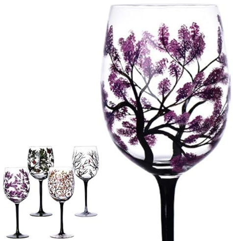 Four Seasons Tree Wine Glasses - Hand Painted Art Wine Glass, Spring Summer Winter Fall Colored Painted Glassware Decorative Wine Glasses Set, Unique Housewarming Gift (Stemmed Glass, Single, Spring)