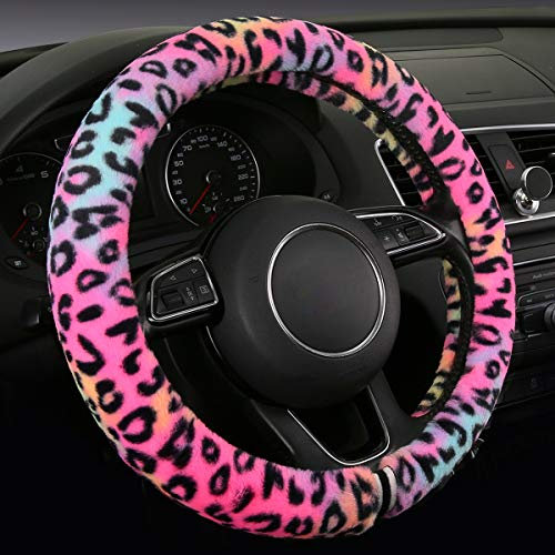 Lenkradbezug Plüsch Leoparden,Lenkrad Abdeckung,Gestickt Niedlich,Schweißabsorber,37-38cm (Plush-Leo)