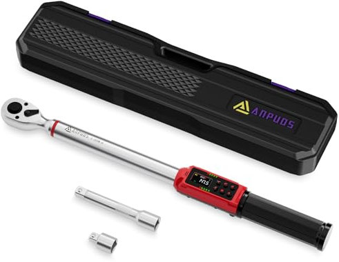 ANPUDS Chiave Dinamometrica Digitale 1/2“, 3-200Nm Chiave Dinamometrica Set con 125mm Barra di Prolunga, Adattatore da 3/8'' a 1/2“, Precisione ± 1% con Maniglia Vibrante, Cicalino LED, per Auto Moto