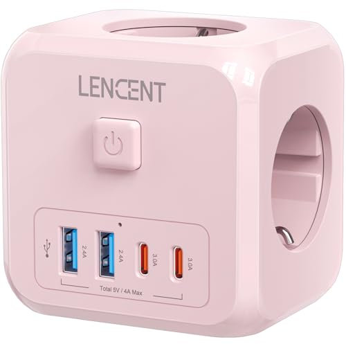 LENCENT Murale Europe Prise Multiple Secteur USB Multiprise Murale, 7 en 1 Cube Chargeur USB avec 3 Sorties AC 4000W, 2 Type C et 2 Ports USB, avec Interrupteur Idéal pour Salon Bureau Chambre,Rose