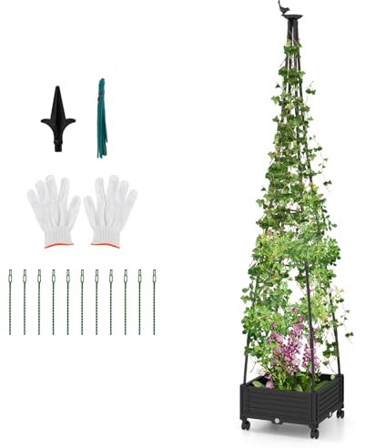 HOMASIS Fioriera con Grigliato con Decorazione di Uccelli, Supporto per Arrampicanti con Ruote, Fioriera con Spalliera, Obelisco da Giardino con Serbatoio d'Acqua da Balcone, Nero (Modello 2)