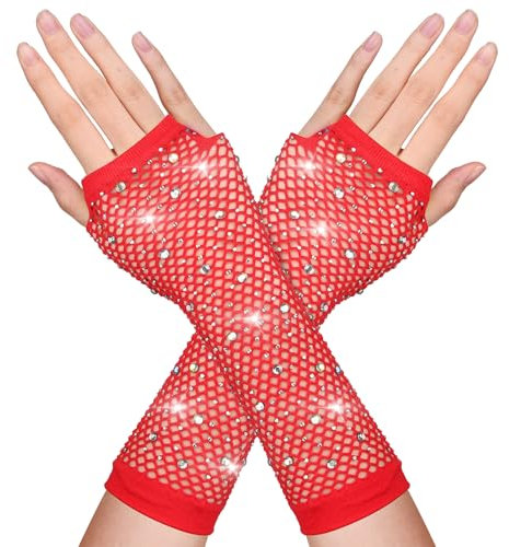 DIVINA VITAE Red Rhinestone Fishnet Gloves - Long Fingerless Arm Sleeves, Sparkly Mesh 80s Accessories for Women and Kids