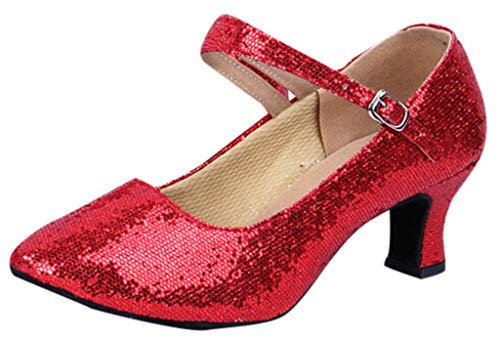 Mid-High Heels Glitter Dance Shoes Women Ballroom Latin Tango Dance Shoes Women Beaded Wedges (Red, 5.5)