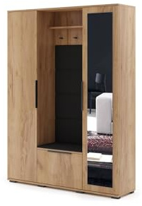 KEF-MEBLE Garderobe Rodan – Craft Gold mit Spiegel, Sitzbank, Schublade und Haken, Rechts öffnend Schrank 190x35x120 cm, perfektes Möbel für Flur