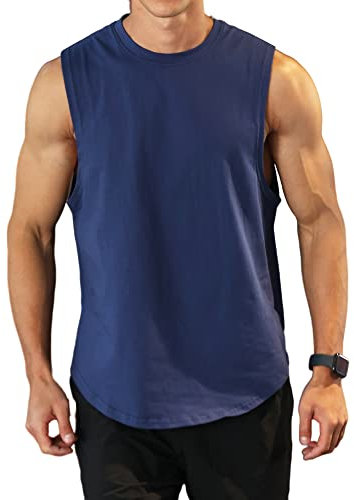 Herren Tanktop Gym Tshirt Baumwolle Muskel Fitness Training Laufshirt Fitness Tanks Ärmelloser Shirt 2032 Navy blau L