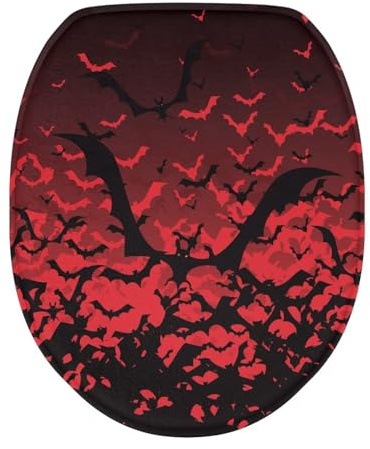 Luarisgur Bat Elongated Toilet Lid Covers Halloween Bathroom Decor Washable Toilet Seat Cover Black and Red Toilet Seat Lid Cover with Elastic Edges Holiday Decorations
