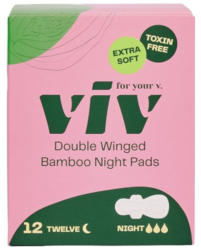 Viv for Your V Bamboo Organic Overnight Pads for Women | Soft, Absorbent Sanitary Pads with Wings for Women Overnight | Unscented, Earth-Friendly | Postpartum Gift | Super Absorbency (12 Pack)