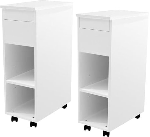 EXSELTMAN Nachtschrank 2er Set, Nachtschrank schmal mit Rollen, Nachttisch weiß 2er Set, offenen Ablagen und Schiebeschublade, nachtschrank schwarz, Sofatisch Beistelltisch, 45x25x70cm