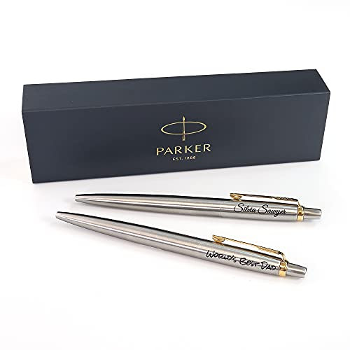 Personalised Engraved ballpoint pen made with Parker Jotter SS + Gift Box | Customised Present for Men Woman | Golden Trim