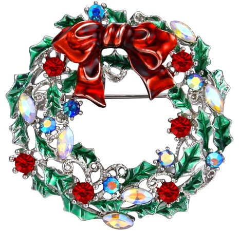 LOLIAS Weihnachtsbrosche Pin für Frauen Mädchen Schneeflocke Weihnachtsglockenkranz Kristall Strass Broschen Pins Grün Rot Emaille Brosche Pins Mode Weihnachtsschmuck