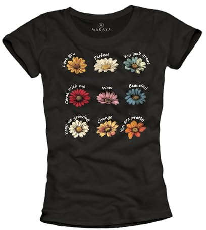 MAKAYA Blumenshirt Damen Flower Top Blumenprint Blumenmuster Blumen T-Shirt Frauen Sonnenblume Tshirt Schwarz XL